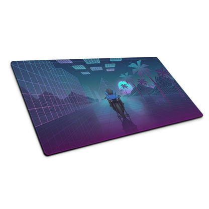 Yamaha YZF-R1 Inspired Blue Purple Vaporwave Gaming Mouse Pad – Neon Retro Grid Desk Mat, Futuristic Superbike Palm Tree Digital Artwork
