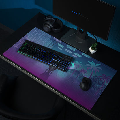Yamaha YZF-R1 Inspired Blue Purple Vaporwave Gaming Mouse Pad – Neon Retro Grid Desk Mat, Futuristic Superbike Palm Tree Digital Artwork