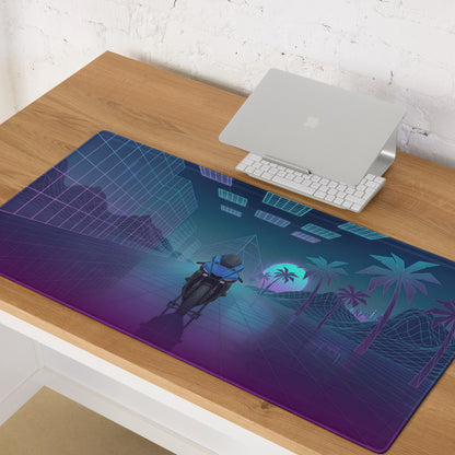 Yamaha YZF-R1 Inspired Blue Purple Vaporwave Gaming Mouse Pad – Neon Retro Grid Desk Mat, Futuristic Superbike Palm Tree Digital Artwork