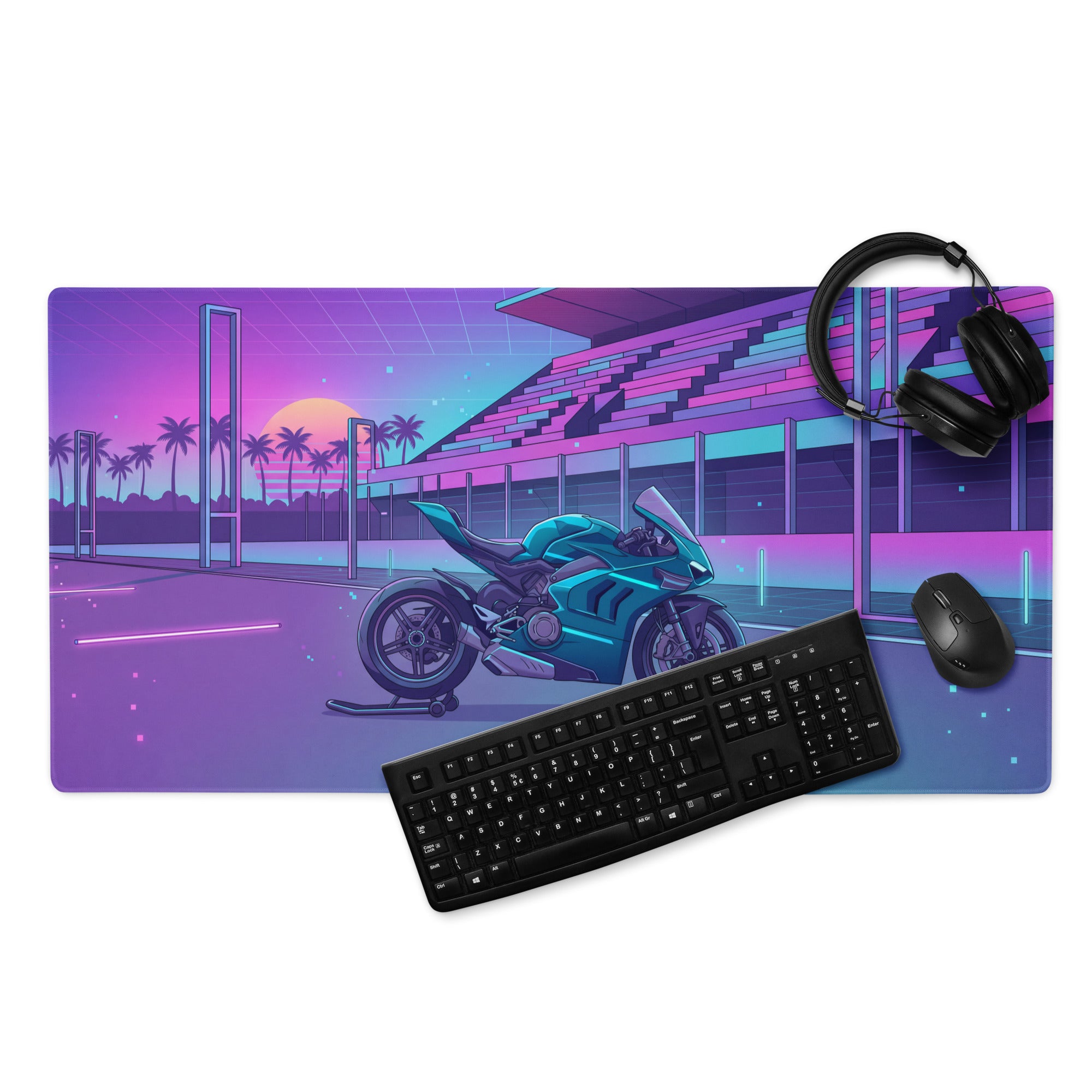 Ducati Panigale V4 Inspired Teal Purple Vaporwave Gaming Mouse Pad – Neon Sunset Racetrack Desk Mat, Retro Futuristic Superbike Digital Artwork