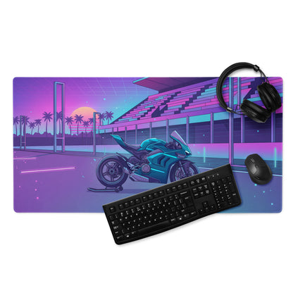 Ducati Panigale V4 Inspired Teal Purple Vaporwave Gaming Mouse Pad – Neon Sunset Racetrack Desk Mat, Retro Futuristic Superbike Digital Artwork