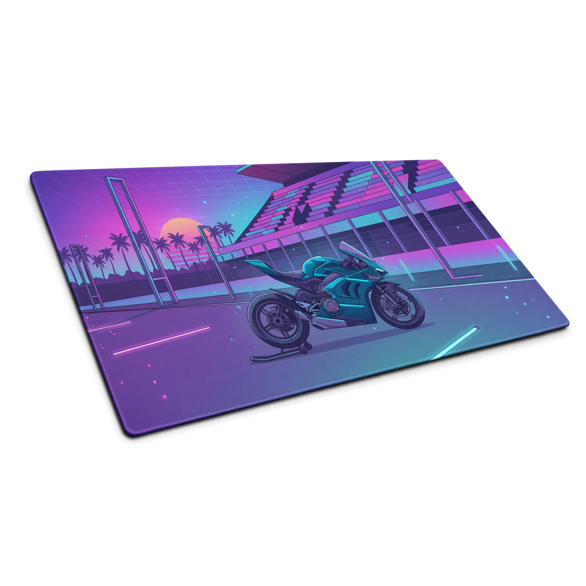 Ducati Panigale V4 Inspired Teal Purple Vaporwave Gaming Mouse Pad – Neon Sunset Racetrack Desk Mat, Retro Futuristic Superbike Digital Artwork
