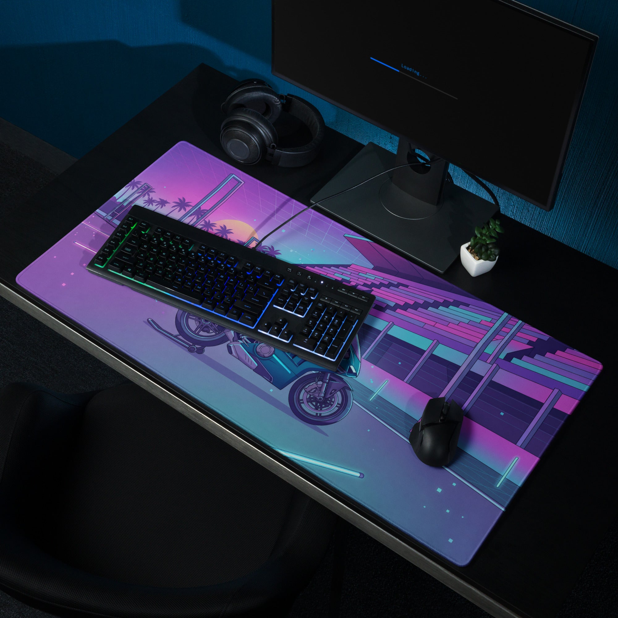 Ducati Panigale V4 Inspired Teal Purple Vaporwave Gaming Mouse Pad – Neon Sunset Racetrack Desk Mat, Retro Futuristic Superbike Digital Artwork