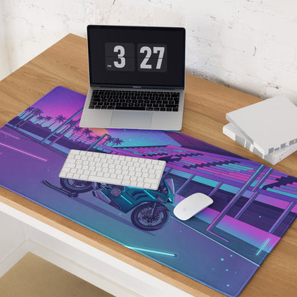 Ducati Panigale V4 Inspired Teal Purple Vaporwave Gaming Mouse Pad – Neon Sunset Racetrack Desk Mat, Retro Futuristic Superbike Digital Artwork
