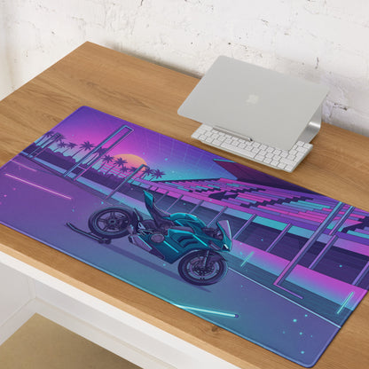 Ducati Panigale V4 Inspired Teal Purple Vaporwave Gaming Mouse Pad – Neon Sunset Racetrack Desk Mat, Retro Futuristic Superbike Digital Artwork