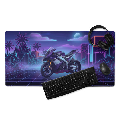 Aprilia RSV4 Xtrenta Inspired Silver Purple Vaporwave Gaming Mouse Pad – Neon Retro Grid Desk Mat, Futuristic Superbike Cityscape Digital Artwork
