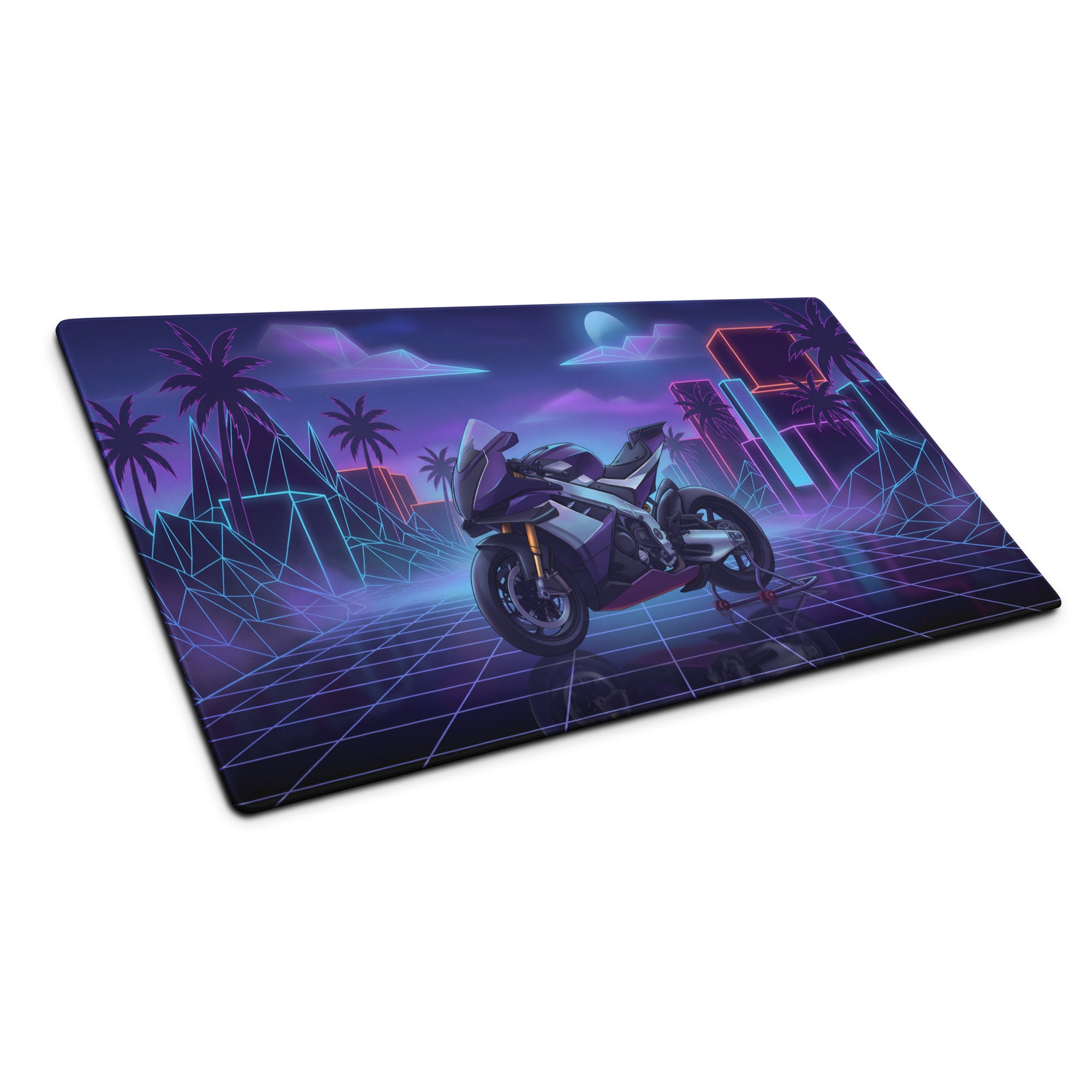 Aprilia RSV4 Xtrenta Inspired Silver Purple Vaporwave Gaming Mouse Pad – Neon Retro Grid Desk Mat, Futuristic Superbike Cityscape Digital Artwork