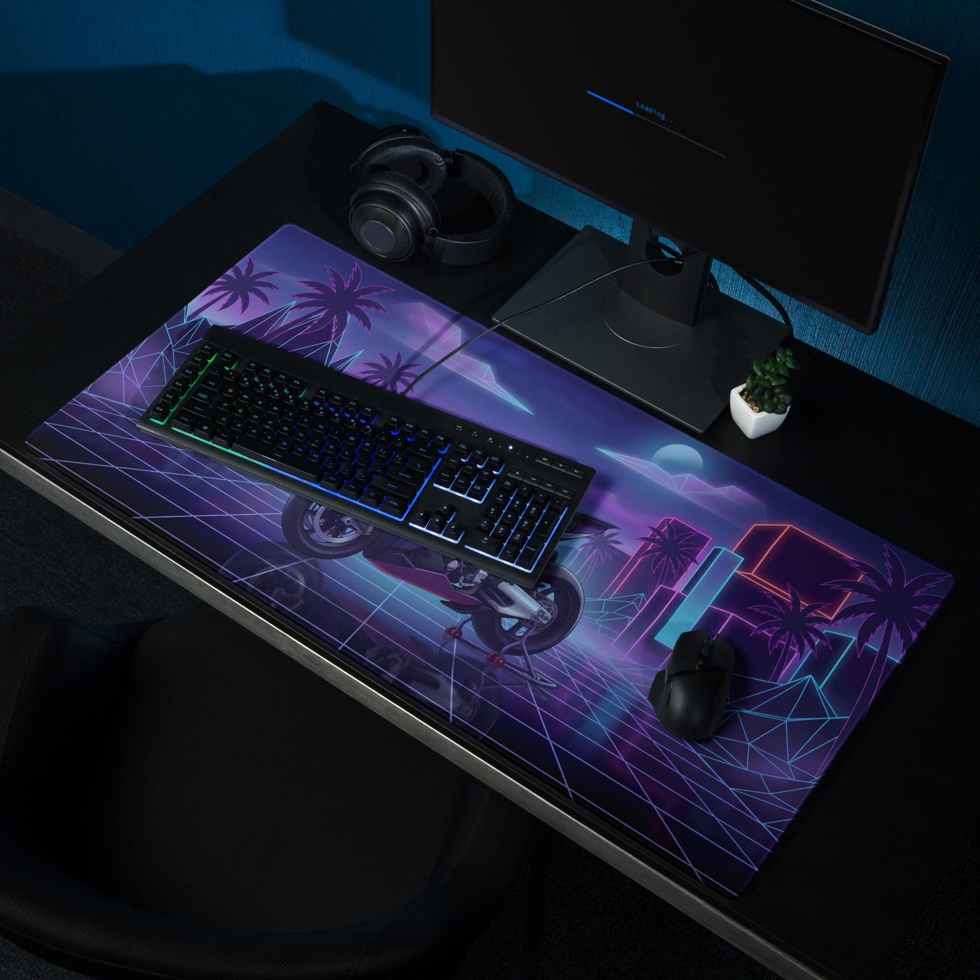 Aprilia RSV4 Xtrenta Inspired Silver Purple Vaporwave Gaming Mouse Pad – Neon Retro Grid Desk Mat, Futuristic Superbike Cityscape Digital Artwork