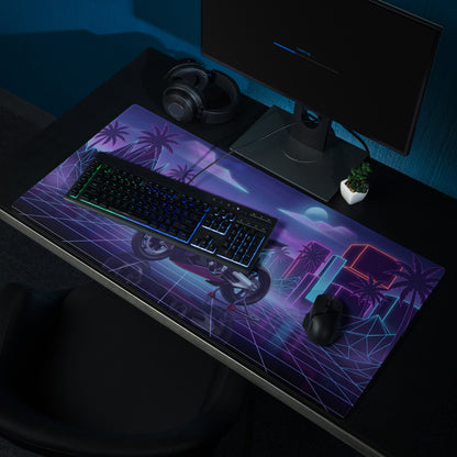 Aprilia RSV4 Xtrenta Inspired Silver Purple Vaporwave Gaming Mouse Pad – Neon Retro Grid Desk Mat, Futuristic Superbike Cityscape Digital Artwork