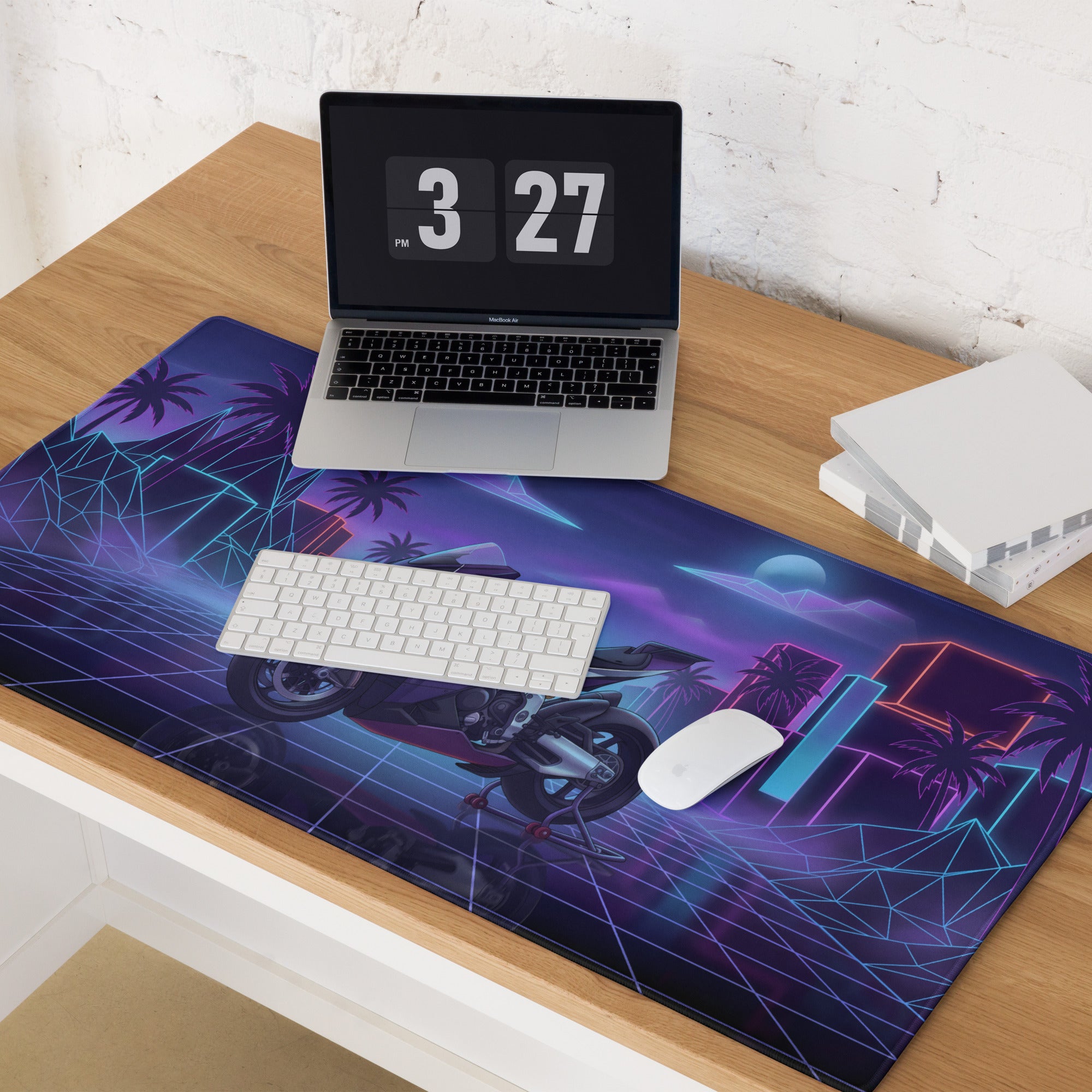 Aprilia RSV4 Xtrenta Inspired Silver Purple Vaporwave Gaming Mouse Pad – Neon Retro Grid Desk Mat, Futuristic Superbike Cityscape Digital Artwork