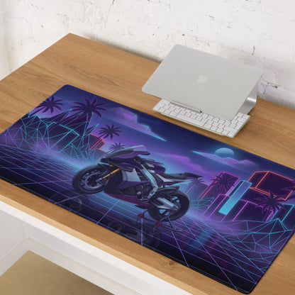 Aprilia RSV4 Xtrenta Inspired Silver Purple Vaporwave Gaming Mouse Pad – Neon Retro Grid Desk Mat, Futuristic Superbike Cityscape Digital Artwork
