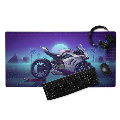 Ducati Panigale V4 Inspired White Purple Vaporwave Gaming Mouse Pad – Neon Palm Grid Desk Mat, Retro Futuristic Superbike Digital Artwork