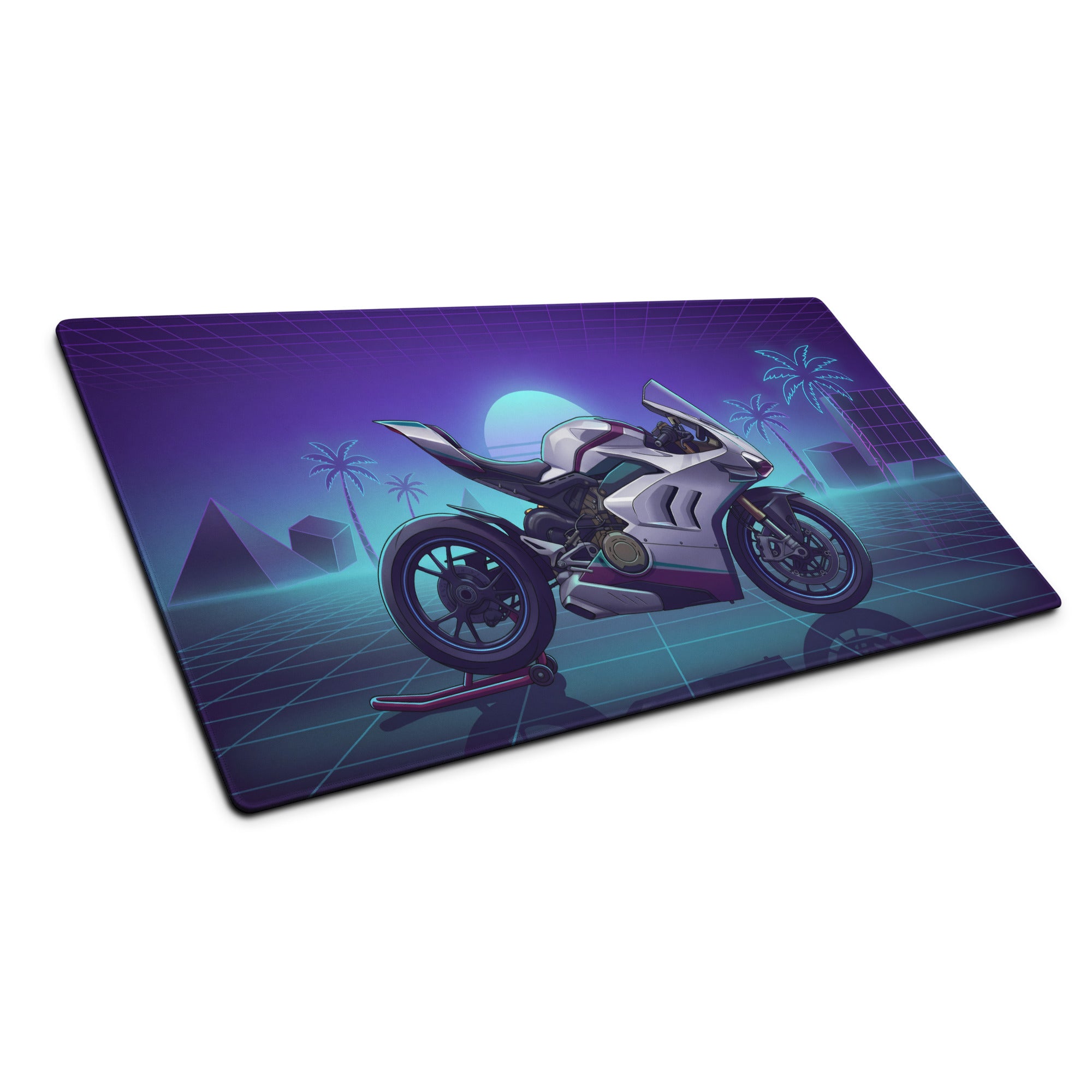 Ducati Panigale V4 Inspired White Purple Vaporwave Gaming Mouse Pad – Neon Palm Grid Desk Mat, Retro Futuristic Superbike Digital Artwork