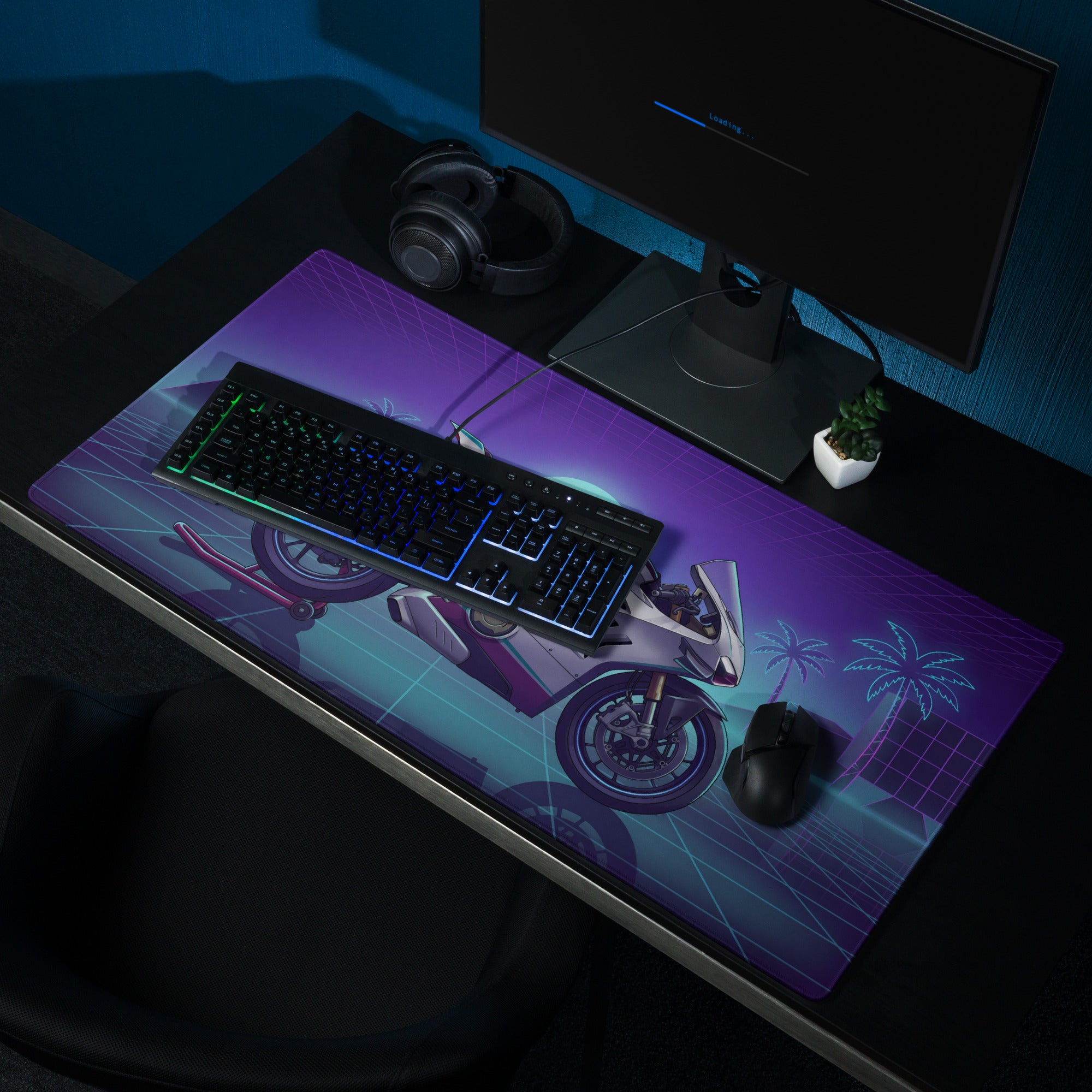 Ducati Panigale V4 Inspired White Purple Vaporwave Gaming Mouse Pad – Neon Palm Grid Desk Mat, Retro Futuristic Superbike Digital Artwork