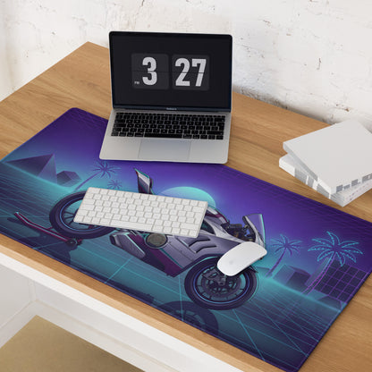 Ducati Panigale V4 Inspired White Purple Vaporwave Gaming Mouse Pad – Neon Palm Grid Desk Mat, Retro Futuristic Superbike Digital Artwork