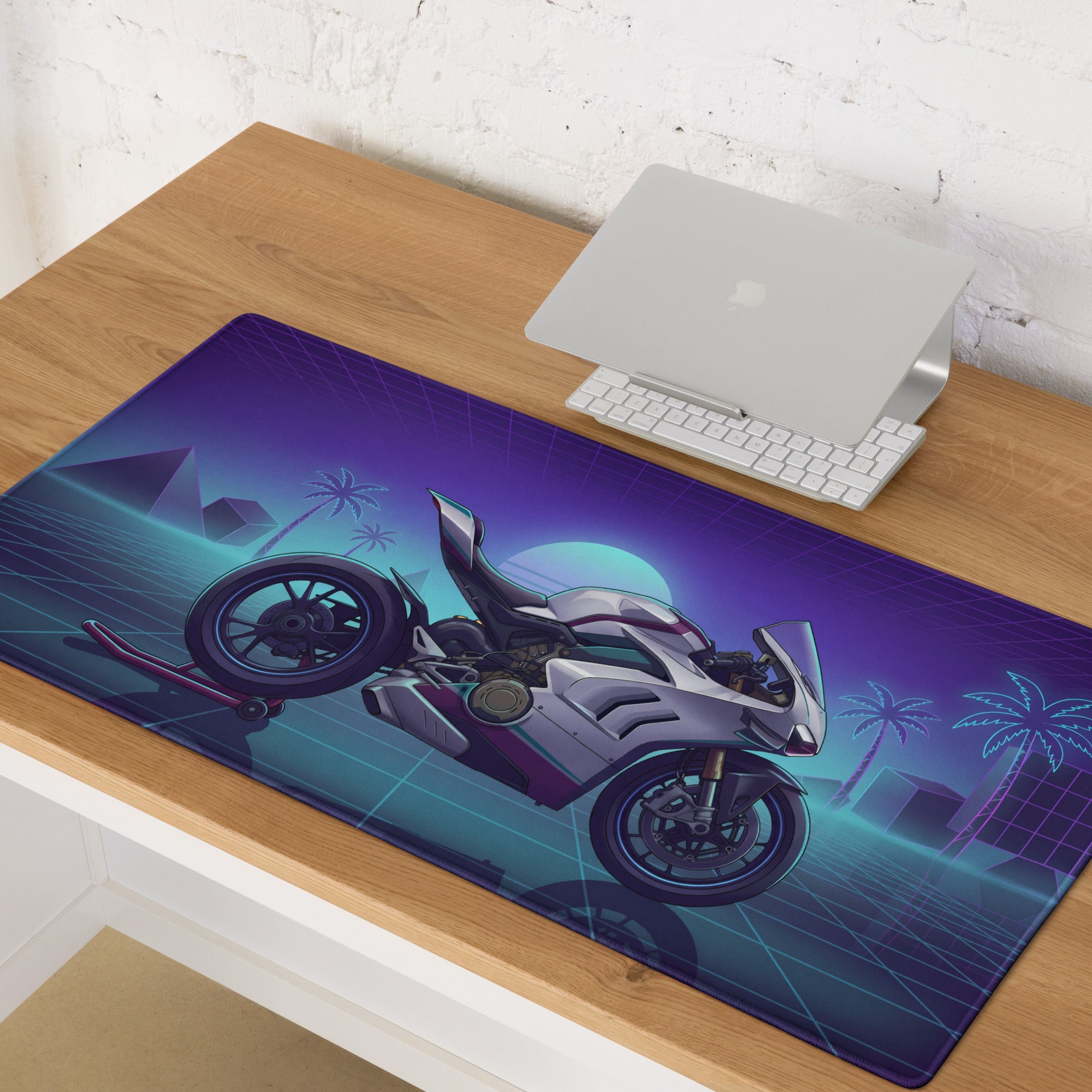 Ducati Panigale V4 Inspired White Purple Vaporwave Gaming Mouse Pad – Neon Palm Grid Desk Mat, Retro Futuristic Superbike Digital Artwork