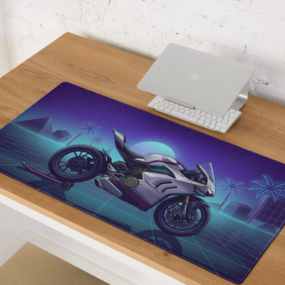 Ducati Panigale V4 Inspired White Purple Vaporwave Gaming Mouse Pad – Neon Palm Grid Desk Mat, Retro Futuristic Superbike Digital Artwork