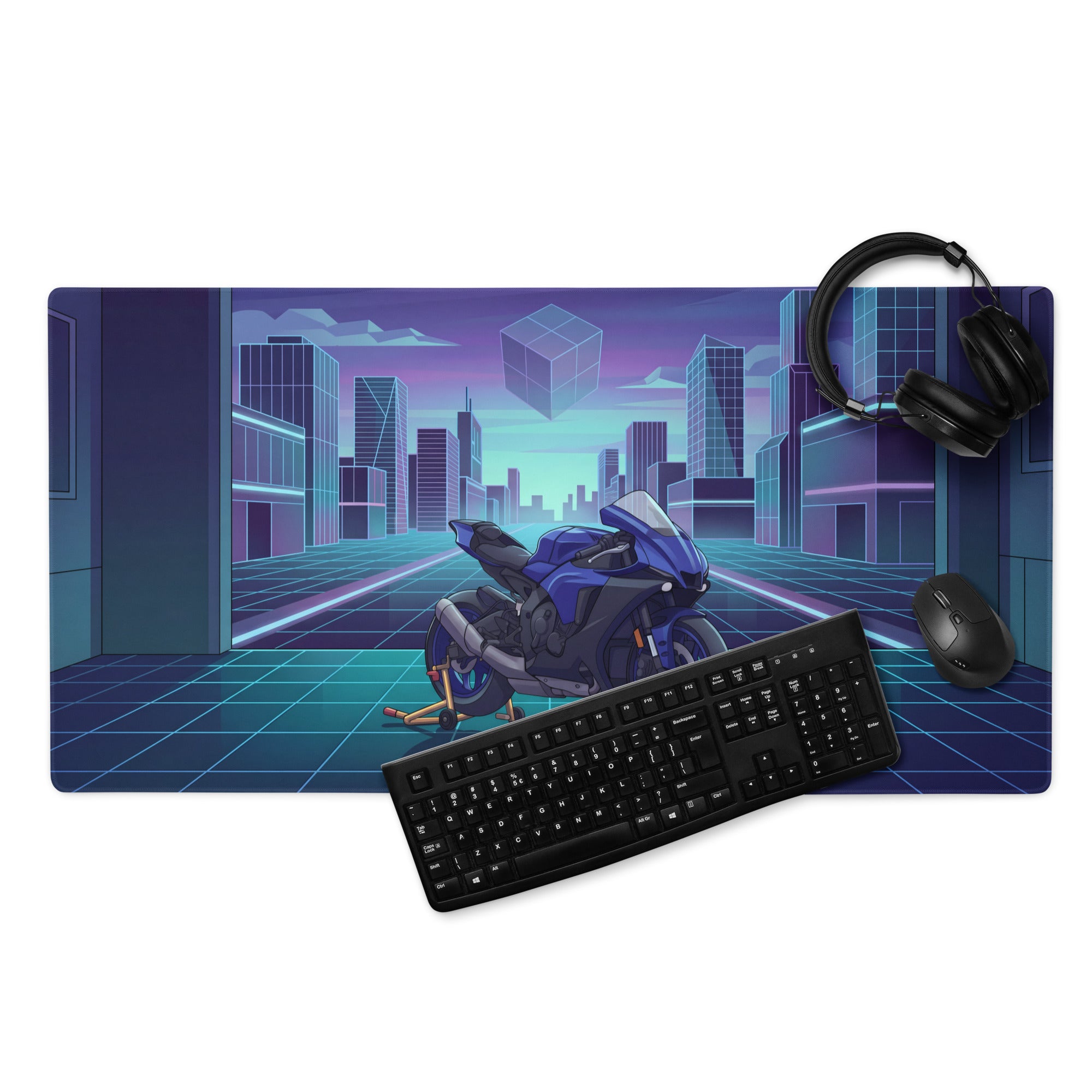 Yamaha YZF-R1 Inspired Blue Cyan Vaporwave Gaming Mouse Pad – Neon Cyber City Garage Desk Mat, Retro Futuristic Superbike Digital Artwork