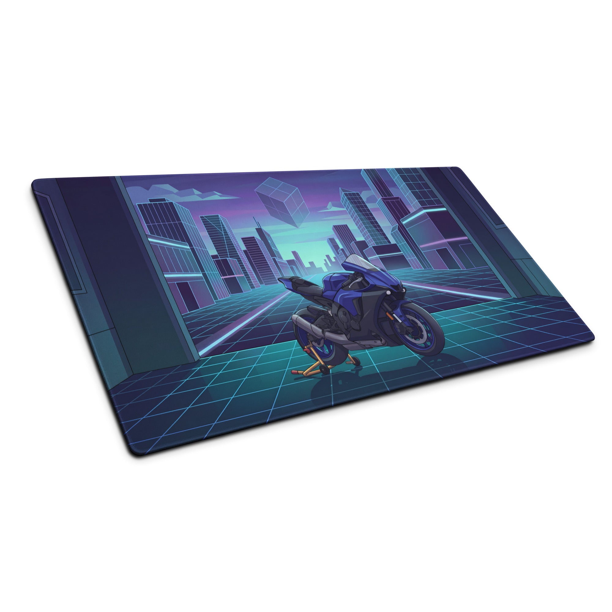Yamaha YZF-R1 Inspired Blue Cyan Vaporwave Gaming Mouse Pad – Neon Cyber City Garage Desk Mat, Retro Futuristic Superbike Digital Artwork