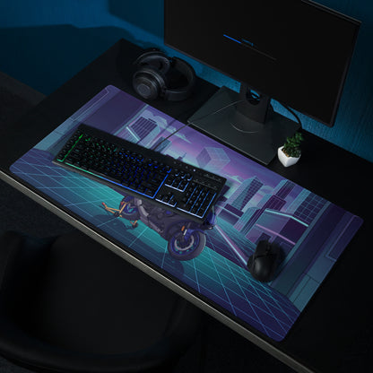 Yamaha YZF-R1 Inspired Blue Cyan Vaporwave Gaming Mouse Pad – Neon Cyber City Garage Desk Mat, Retro Futuristic Superbike Digital Artwork