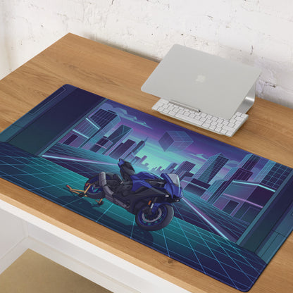 Yamaha YZF-R1 Inspired Blue Cyan Vaporwave Gaming Mouse Pad – Neon Cyber City Garage Desk Mat, Retro Futuristic Superbike Digital Artwork