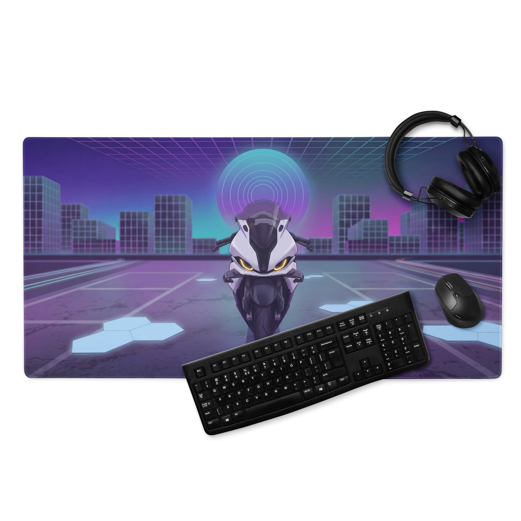 BMW S 1000 RR Inspired White Purple Vaporwave Gaming Mouse Pad – Neon Cyber City Desk Mat, Futuristic Superbike Digital Artwork
