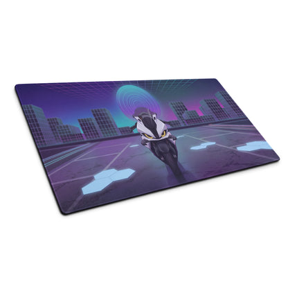BMW S 1000 RR Inspired White Purple Vaporwave Gaming Mouse Pad – Neon Cyber City Desk Mat, Futuristic Superbike Digital Artwork