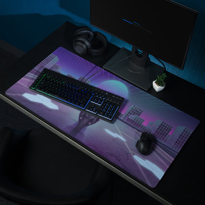 BMW S 1000 RR Inspired White Purple Vaporwave Gaming Mouse Pad – Neon Cyber City Desk Mat, Futuristic Superbike Digital Artwork