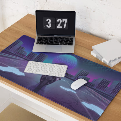 BMW S 1000 RR Inspired White Purple Vaporwave Gaming Mouse Pad – Neon Cyber City Desk Mat, Futuristic Superbike Digital Artwork