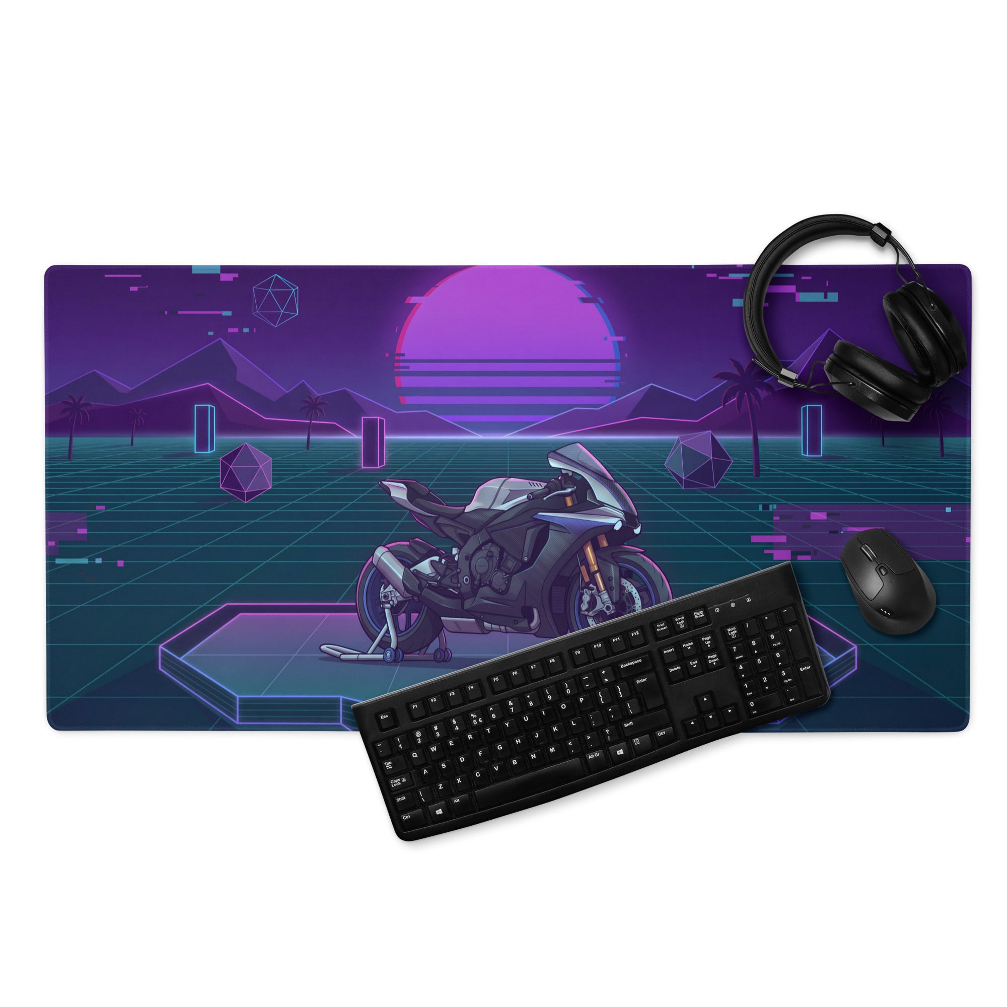 Yamaha YZF-R1M Inspired Silver Purple Vaporwave Gaming Mouse Pad – Neon Sunset Grid Desk Mat, Retro Futuristic Superbike Digital Artwork