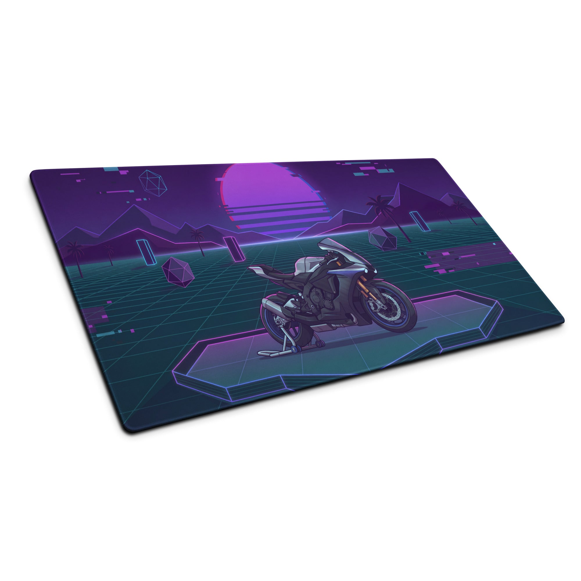 Yamaha YZF-R1M Inspired Silver Purple Vaporwave Gaming Mouse Pad – Neon Sunset Grid Desk Mat, Retro Futuristic Superbike Digital Artwork
