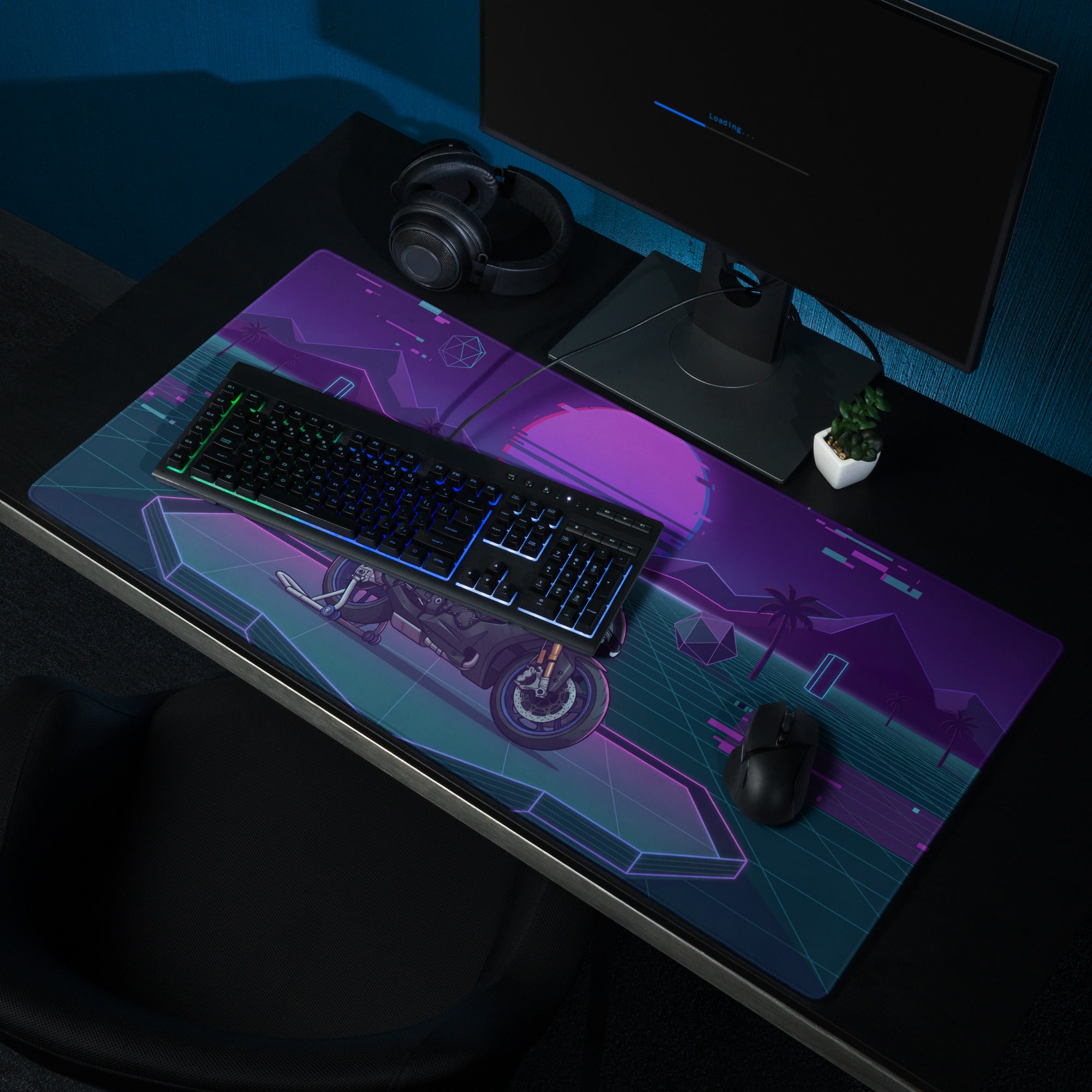 Yamaha YZF-R1M Inspired Silver Purple Vaporwave Gaming Mouse Pad – Neon Sunset Grid Desk Mat, Retro Futuristic Superbike Digital Artwork