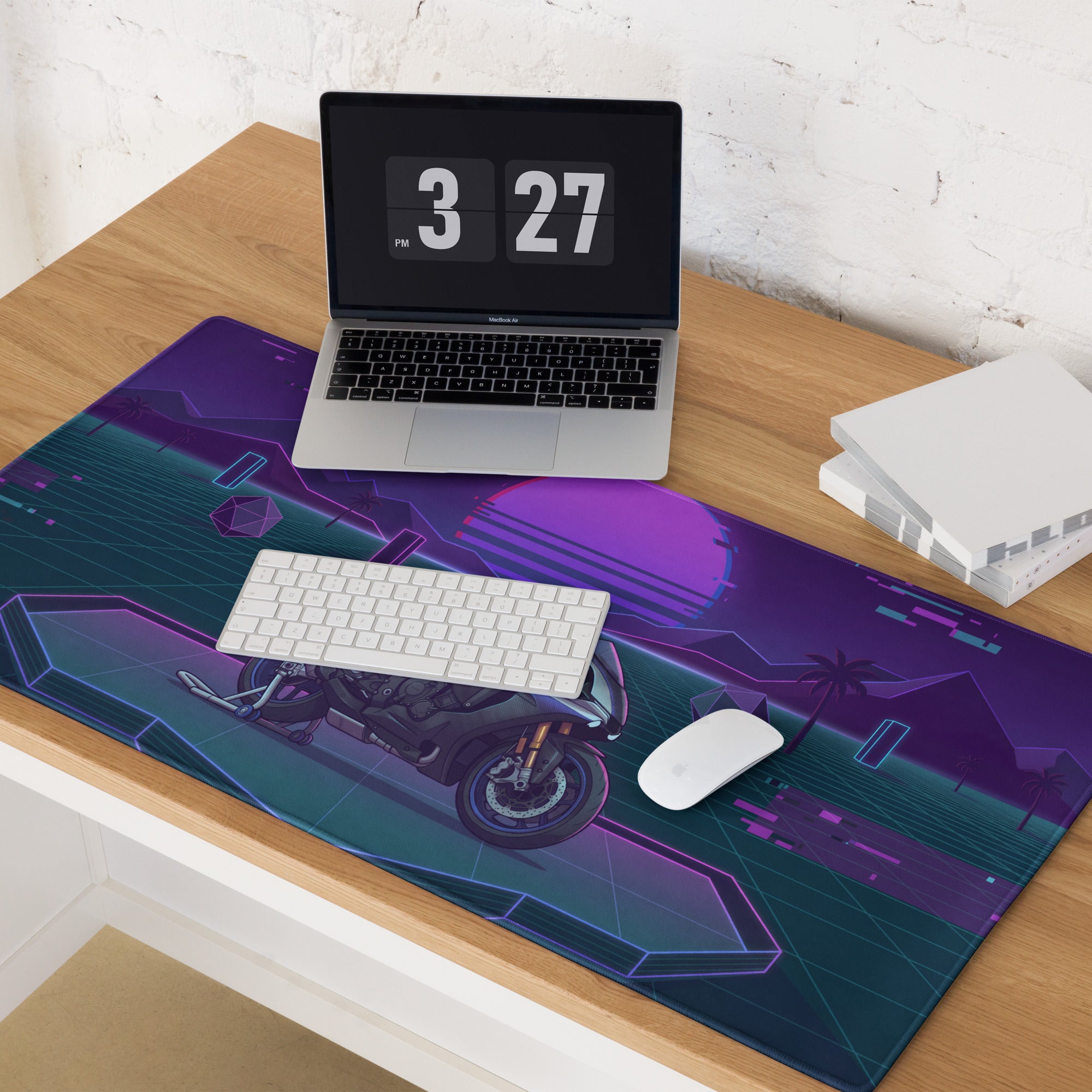 Yamaha YZF-R1M Inspired Silver Purple Vaporwave Gaming Mouse Pad – Neon Sunset Grid Desk Mat, Retro Futuristic Superbike Digital Artwork