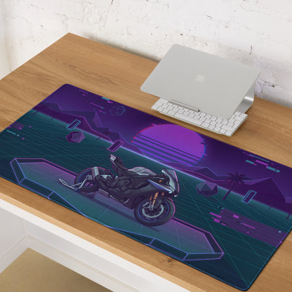 Yamaha YZF-R1M Inspired Silver Purple Vaporwave Gaming Mouse Pad – Neon Sunset Grid Desk Mat, Retro Futuristic Superbike Digital Artwork