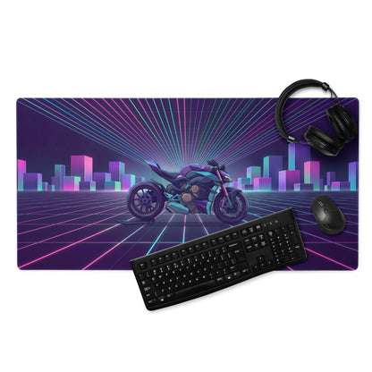 Ducati Streetfighter V4 Inspired Teal Purple Vaporwave Gaming Mouse Pad – Neon Cyber City Desk Mat, Retro Futuristic Motorcycle Digital Artwork