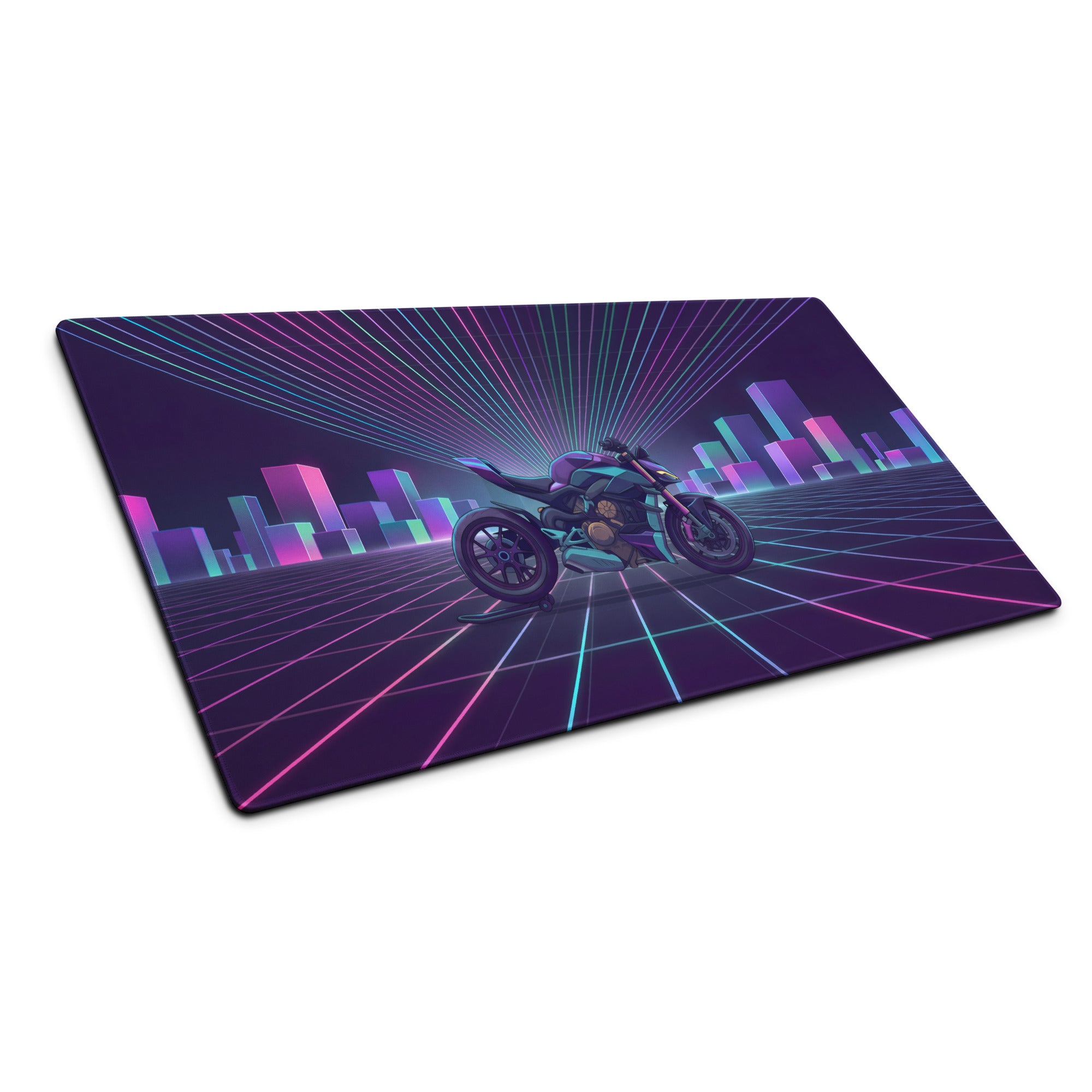 Ducati Streetfighter V4 Inspired Teal Purple Vaporwave Gaming Mouse Pad – Neon Cyber City Desk Mat, Retro Futuristic Motorcycle Digital Artwork