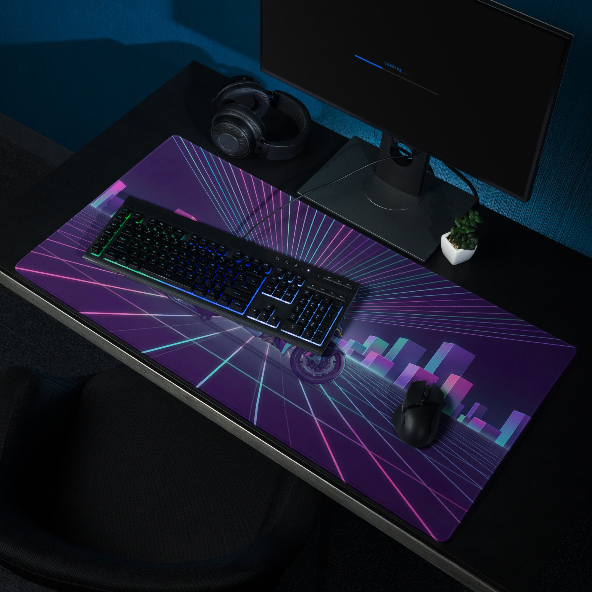 Ducati Streetfighter V4 Inspired Teal Purple Vaporwave Gaming Mouse Pad – Neon Cyber City Desk Mat, Retro Futuristic Motorcycle Digital Artwork