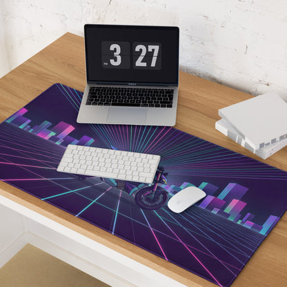 Ducati Streetfighter V4 Inspired Teal Purple Vaporwave Gaming Mouse Pad – Neon Cyber City Desk Mat, Retro Futuristic Motorcycle Digital Artwork