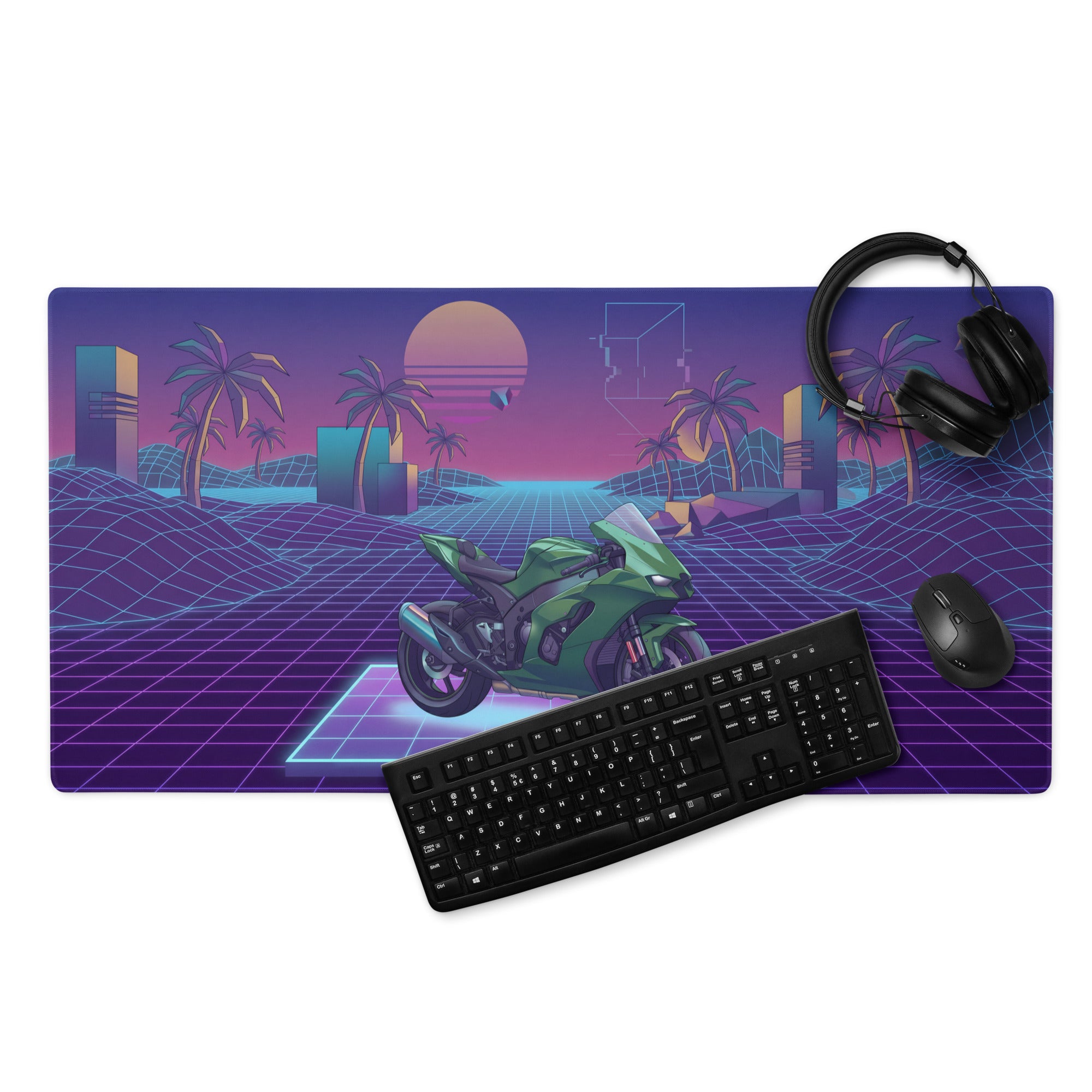 Kawasaki Ninja ZX-10R Inspired Green Purple Vaporwave Gaming Mouse Pad – Neon Sunset Grid Desk Mat, Retro Futuristic Superbike Digital Artwork