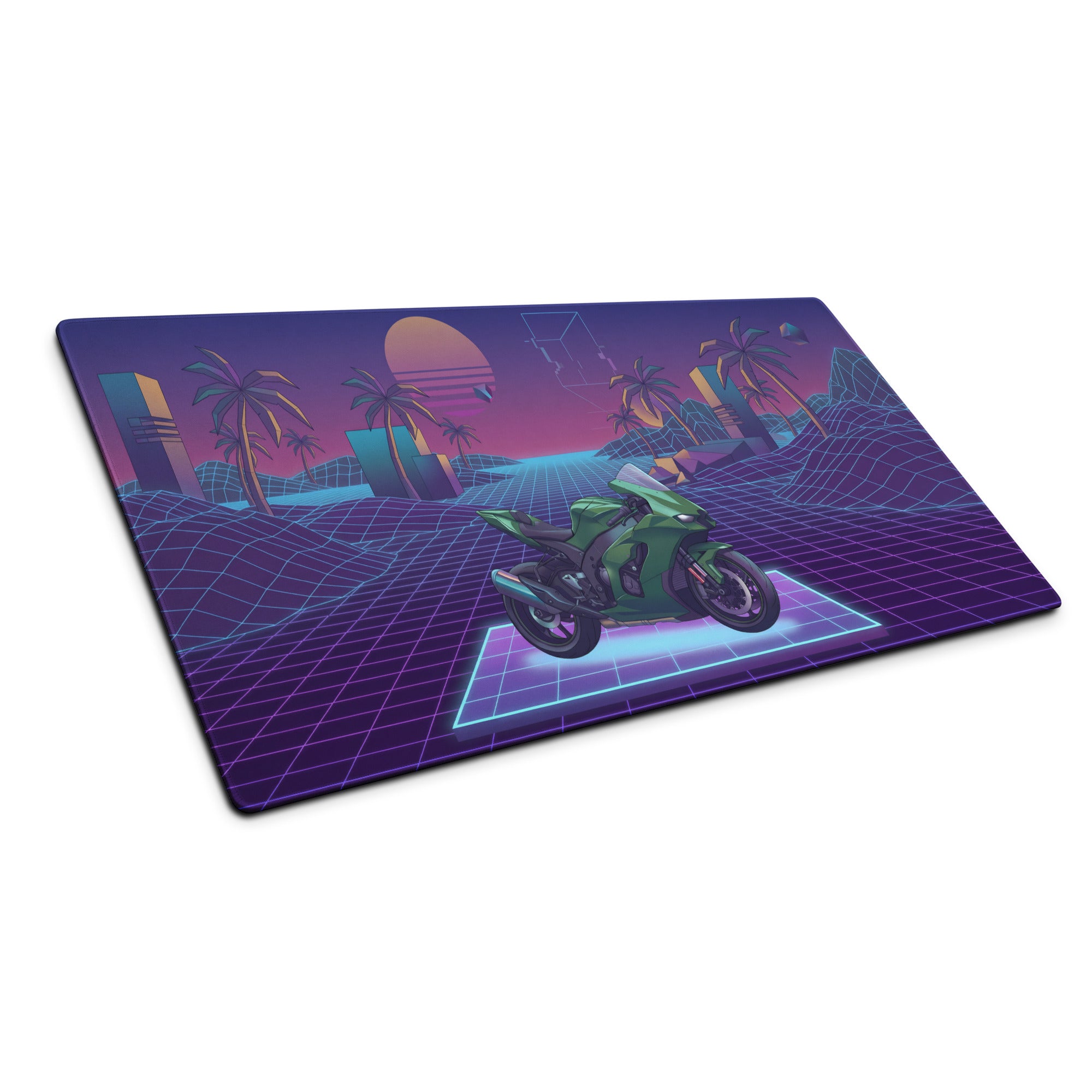 Kawasaki Ninja ZX-10R Inspired Green Purple Vaporwave Gaming Mouse Pad – Neon Sunset Grid Desk Mat, Retro Futuristic Superbike Digital Artwork