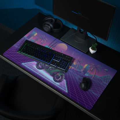 Kawasaki Ninja ZX-10R Inspired Green Purple Vaporwave Gaming Mouse Pad – Neon Sunset Grid Desk Mat, Retro Futuristic Superbike Digital Artwork