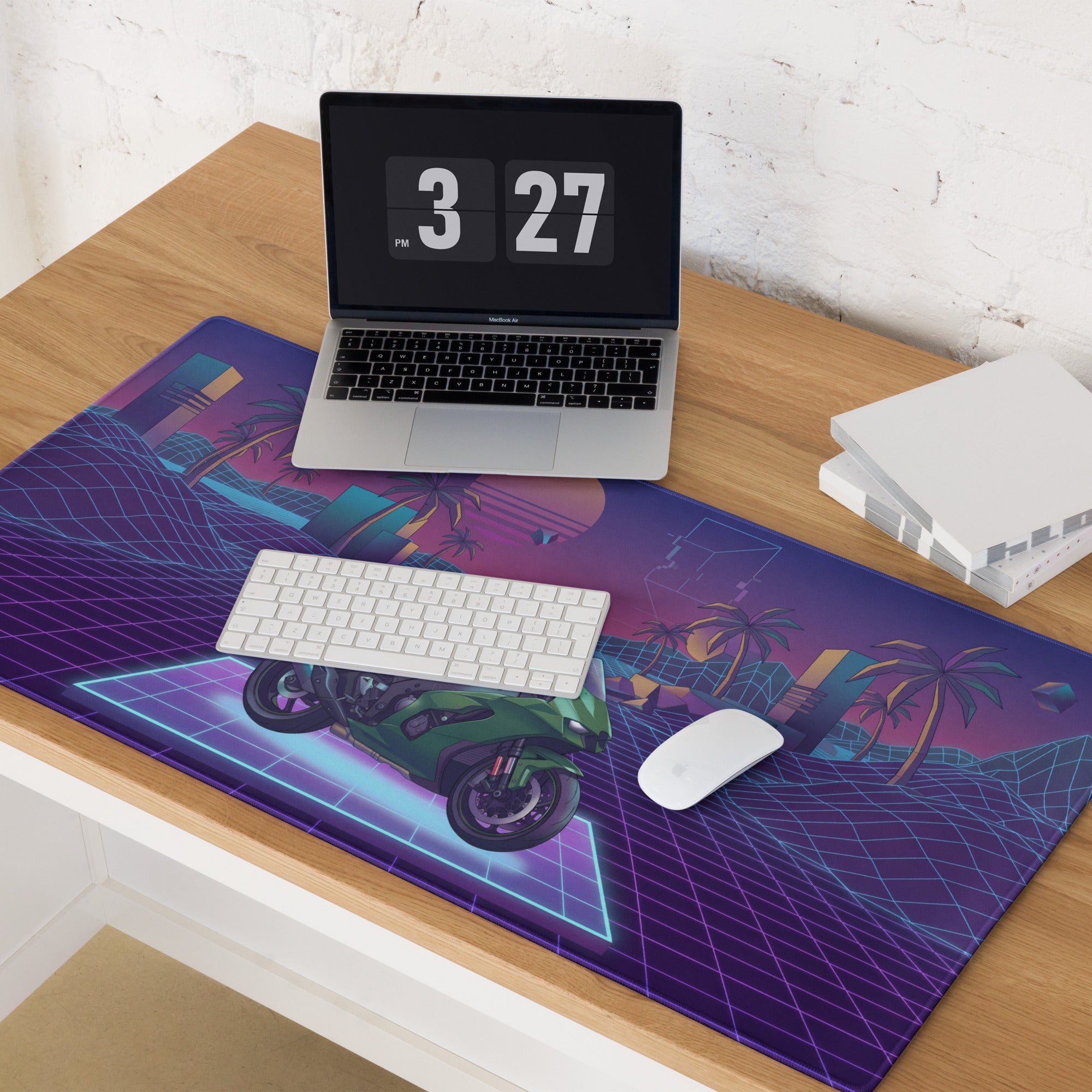 Kawasaki Ninja ZX-10R Inspired Green Purple Vaporwave Gaming Mouse Pad – Neon Sunset Grid Desk Mat, Retro Futuristic Superbike Digital Artwork