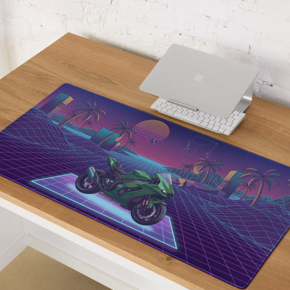 Kawasaki Ninja ZX-10R Inspired Green Purple Vaporwave Gaming Mouse Pad – Neon Sunset Grid Desk Mat, Retro Futuristic Superbike Digital Artwork