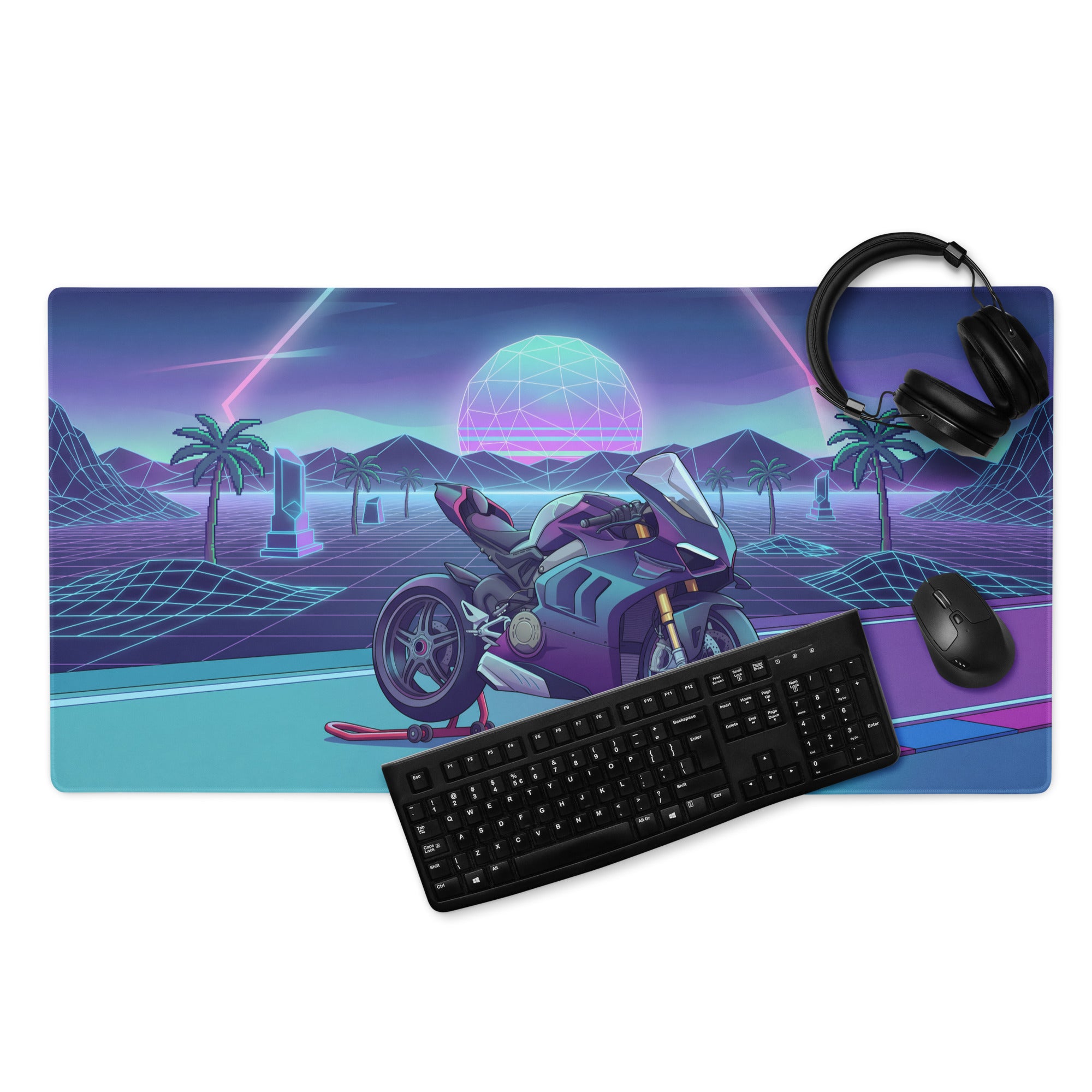 Ducati Panigale V4 Inspired Teal Purple Vaporwave Gaming Mouse Pad – Neon Sunset Grid Racetrack Desk Mat, Retro Futuristic Superbike Artwork