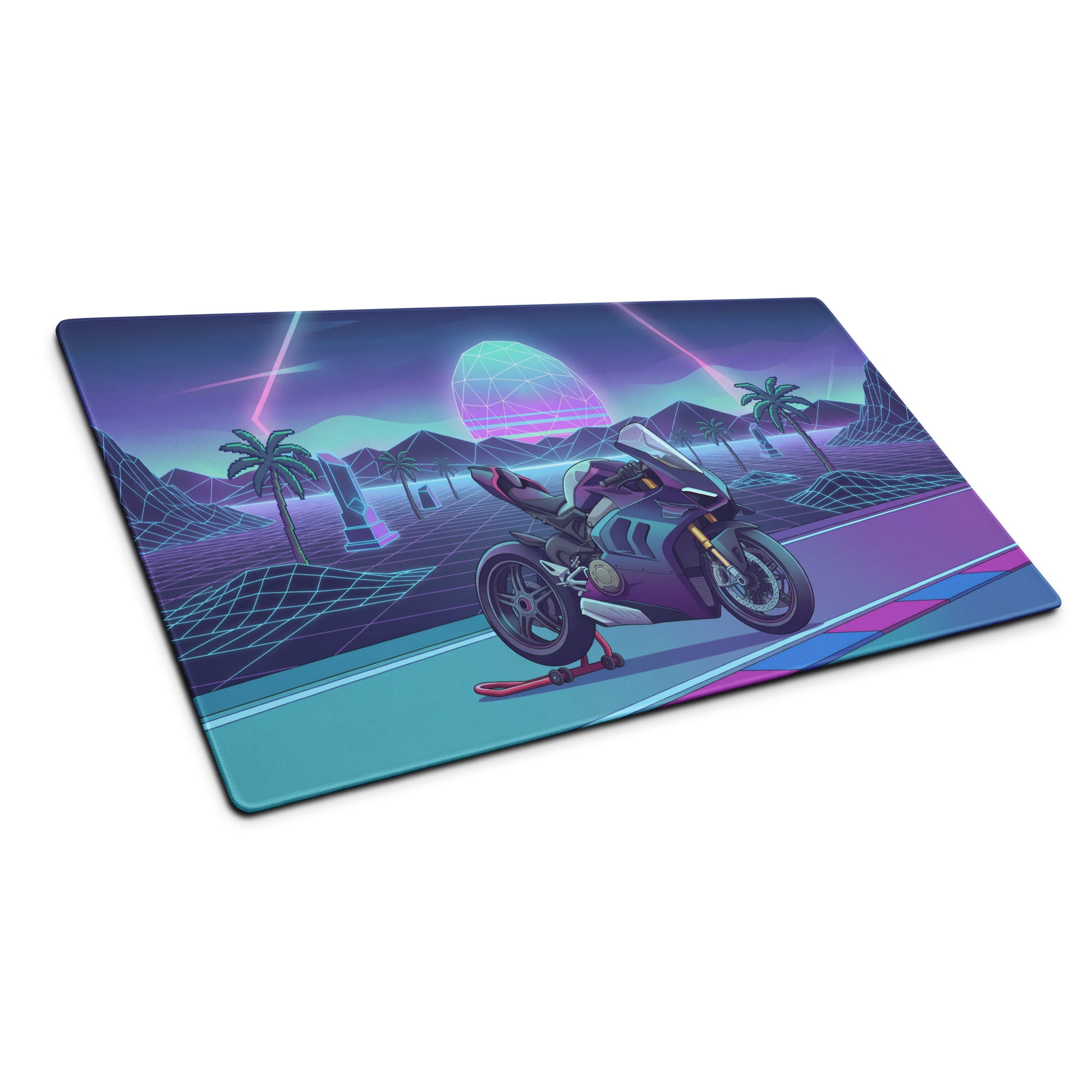 Ducati Panigale V4 Inspired Teal Purple Vaporwave Gaming Mouse Pad – Neon Sunset Grid Racetrack Desk Mat, Retro Futuristic Superbike Artwork