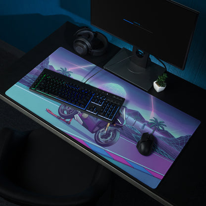 Ducati Panigale V4 Inspired Teal Purple Vaporwave Gaming Mouse Pad – Neon Sunset Grid Racetrack Desk Mat, Retro Futuristic Superbike Artwork