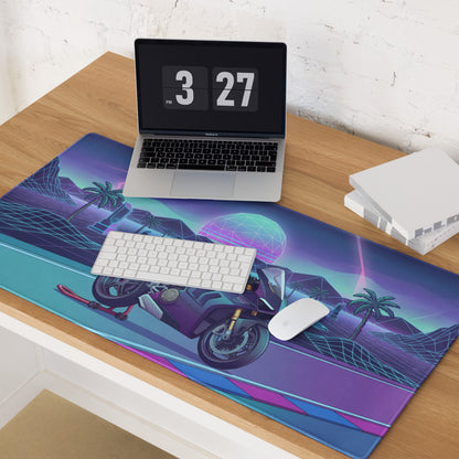 Ducati Panigale V4 Inspired Teal Purple Vaporwave Gaming Mouse Pad – Neon Sunset Grid Racetrack Desk Mat, Retro Futuristic Superbike Artwork