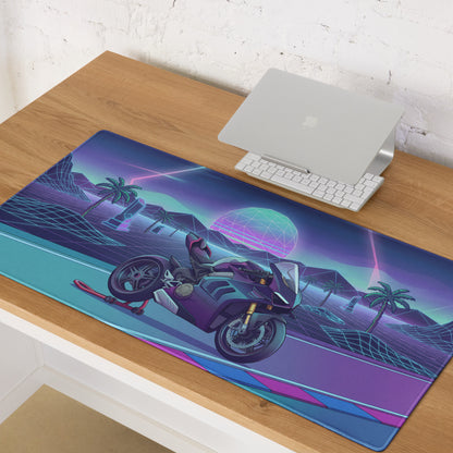 Ducati Panigale V4 Inspired Teal Purple Vaporwave Gaming Mouse Pad – Neon Sunset Grid Racetrack Desk Mat, Retro Futuristic Superbike Artwork
