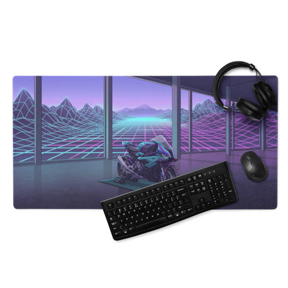 BMW S1000RR Inspired Teal Purple Vaporwave Gaming Mouse Pad – Neon Grid Mountain Showroom Desk Mat, Futuristic Superbike Digital Artwork