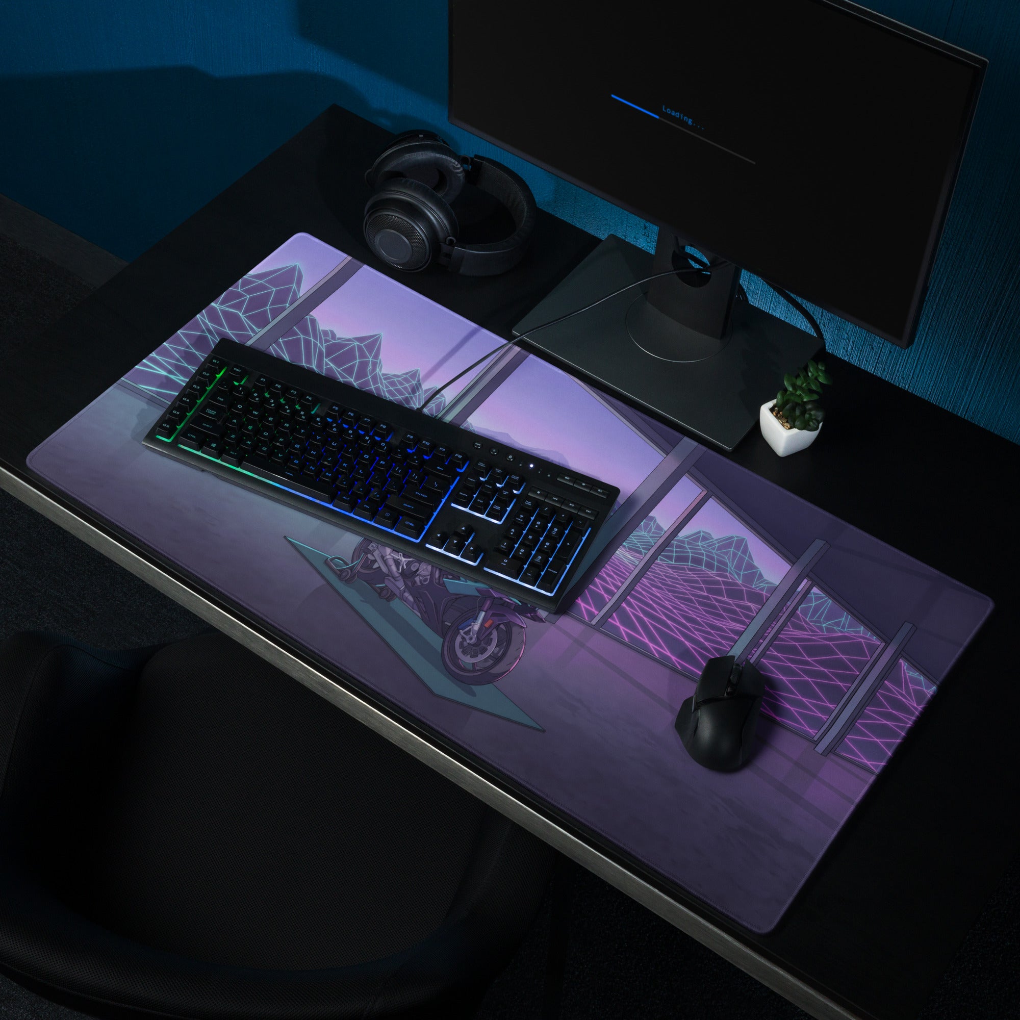BMW S1000RR Inspired Teal Purple Vaporwave Gaming Mouse Pad – Neon Grid Mountain Showroom Desk Mat, Futuristic Superbike Digital Artwork